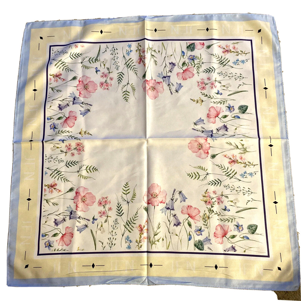 JFN Just Fashion Now silky square scarf floral motif blue yellow pink romantic